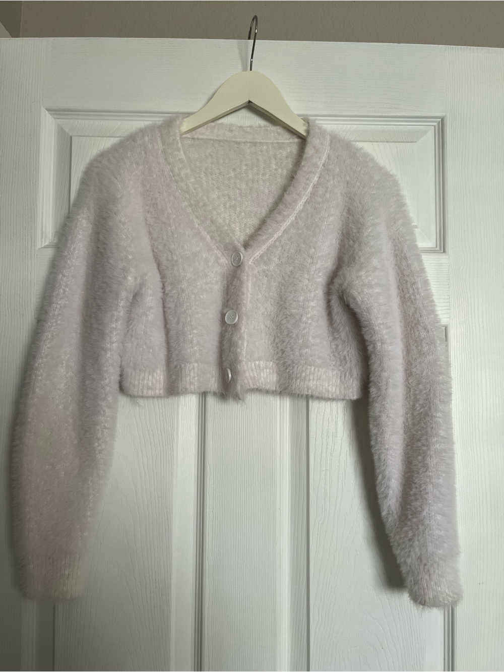 Amazon Fuzzy Cropped V-Neck Button Cardigan - Light Pink